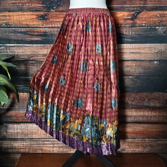 Pykettes Vintage Midi Skirt L Pleated Floral Satin - Picture 3 of 9